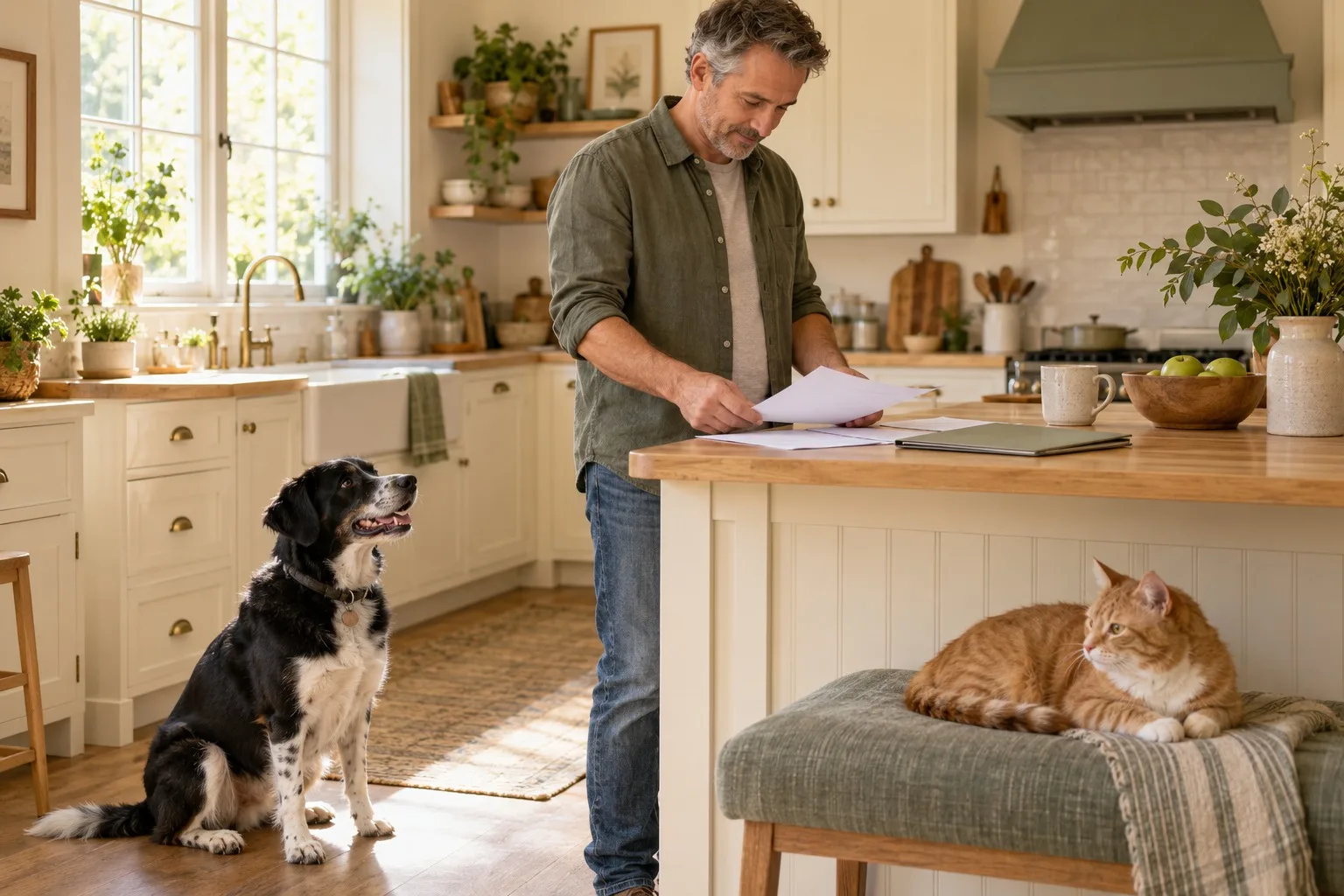 Owner reviewing household papers with a dog and cat nearby